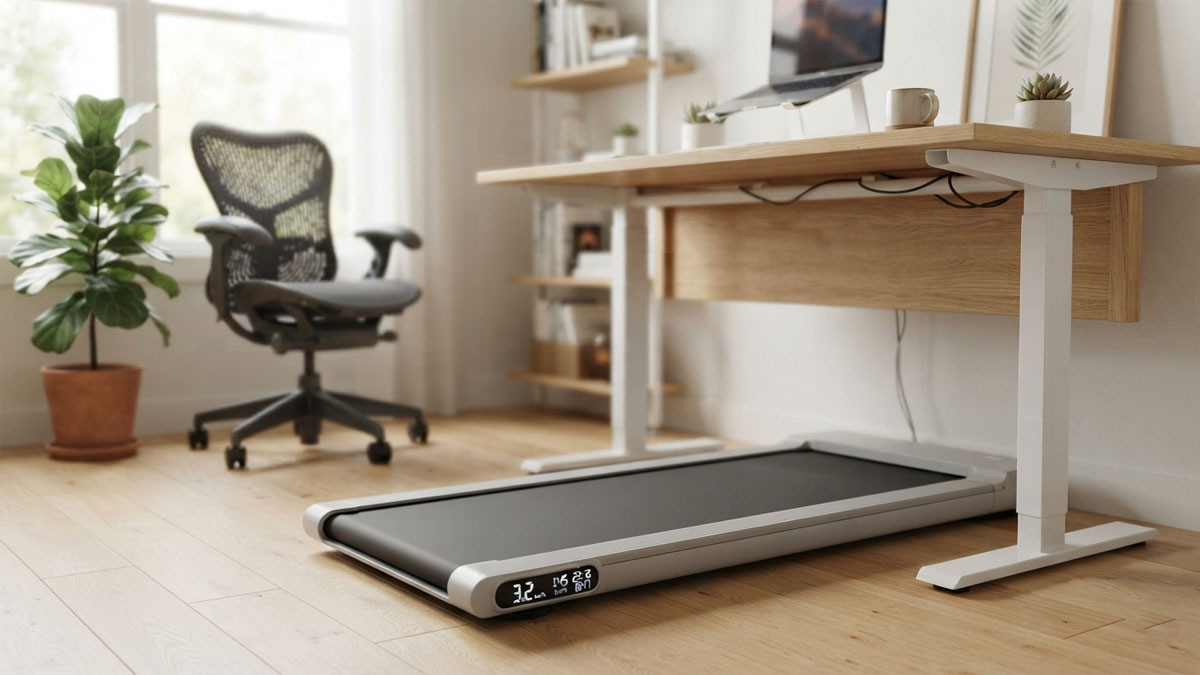 A sleek minimalist best under desk walking pad setup under a light wood standing desk inside a bright home office.